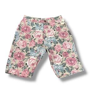 Deadstock Vintage 90s Tan Floral Bermuda Denim Shorts High Rise Made in USA